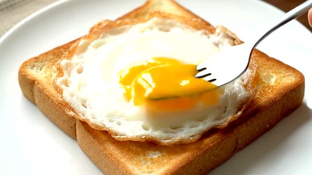 Close-up of a fork breaking the yolk of a fried egg on toast, a delicious breakfast meal.