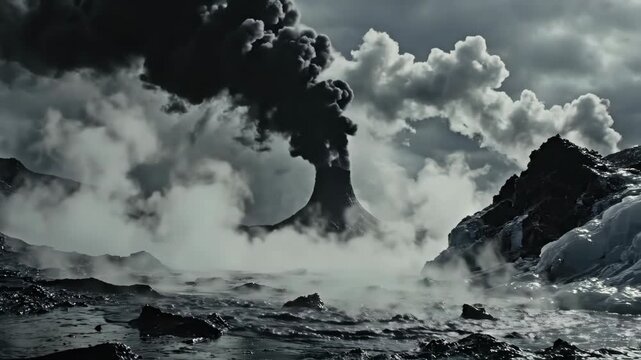 Volcanic eruption landscape with dramatic cloudy sky and dark rugged terrain in a monochrome natural scenery representation.