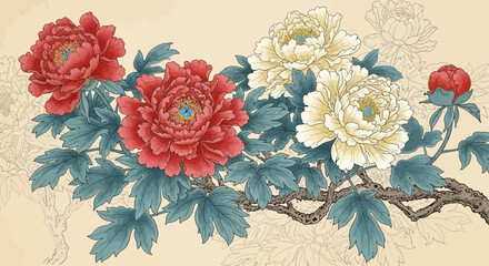 Floral branch illustration featuring peonies and leaves in a traditional style from a close-up viewpoint © Steven