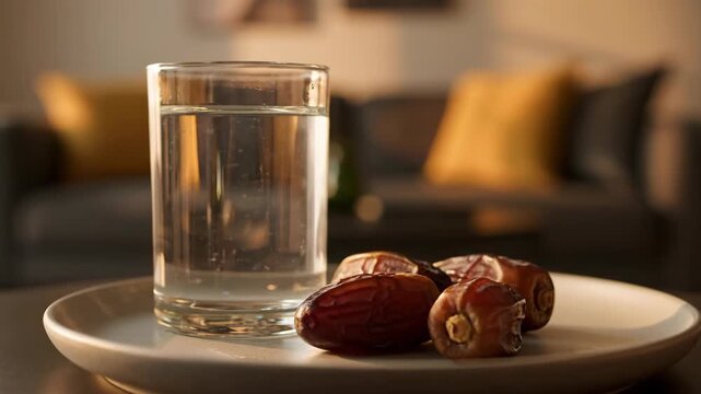 Glass of water and a few dates on a plate representing traditional ramadan iftar and suhur for religious observance.