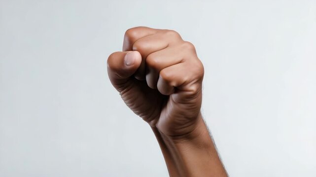 Raised fist gesture symbolizing unity and strength against plain background