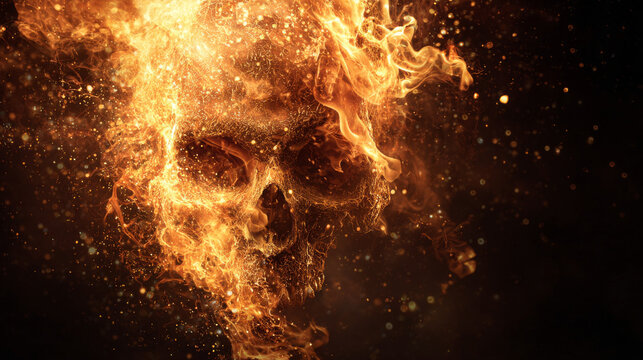 Human skull engulfed in burning fire flames on dark background