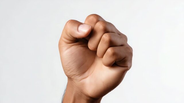 Raised fist gesture in caucasian male hand symbolizing strength and unity