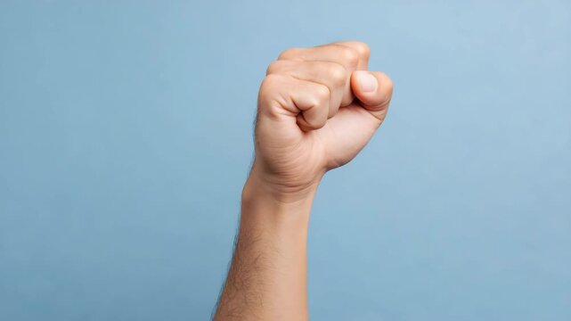 Raised fist gesture against blue background symbolizing strength and unity