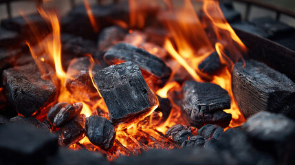 Barbecue grill pit with glowing, flaming hot charcoal briquettes, close-up
