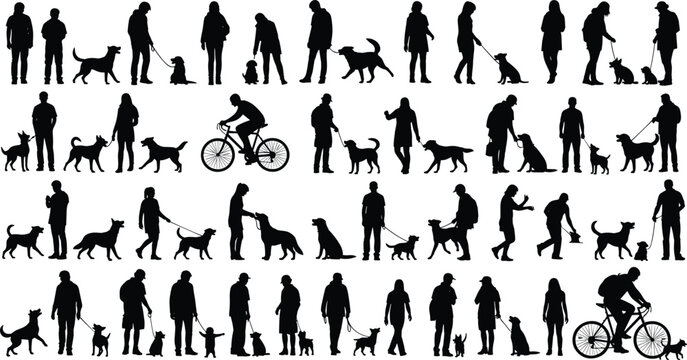 Dog walking silhouette set, people with pets outdoor activity, leash training scenes, canine companionship vector illustration, isolated lifestyle clipart collection