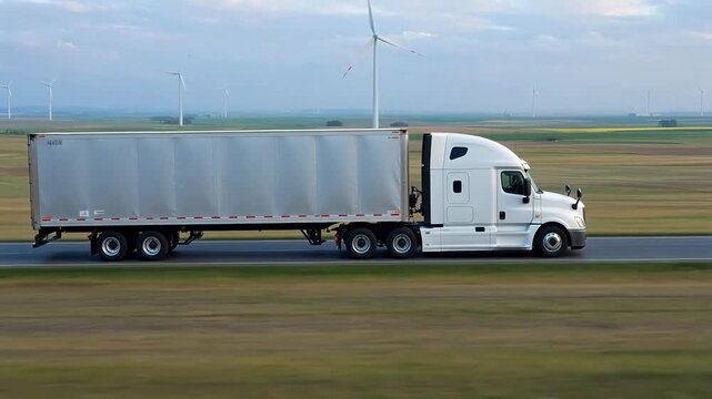White truck on road with wind turbines