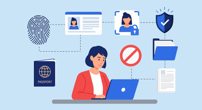 Woman verifying identity on laptop surrounded by security icons and documents