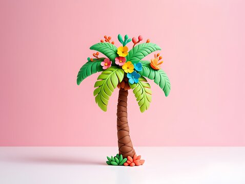 Colorful clay palm tree with flowers on pink background