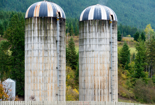 Canada, BC, Chase.  Weathered grain silos on farm beside Trans Canada highway 1