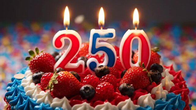 Number 250 candles burning on a festive cake with berries and frosting. Celebration dessert with red, white, and blue decoration.
