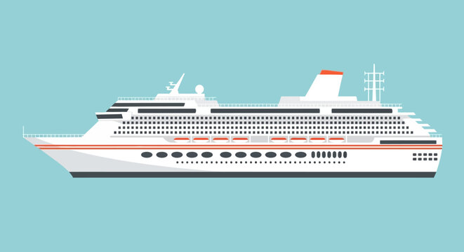 A large cruise ship sails across the calm ocean waters viewed from the side on a sunny day