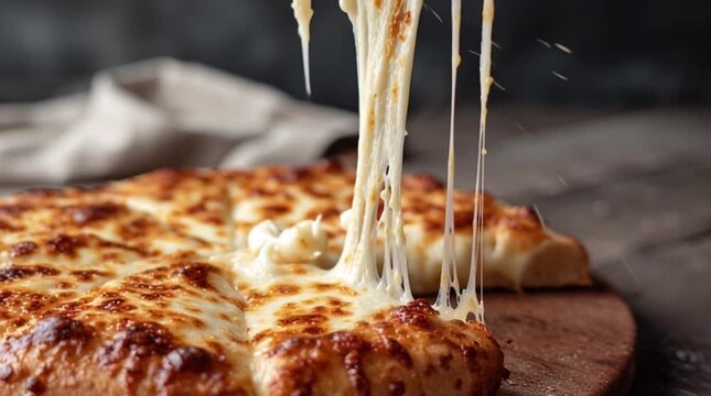 Cheese pizza being pulled apart with gooey cheese between slices in a warm setting
