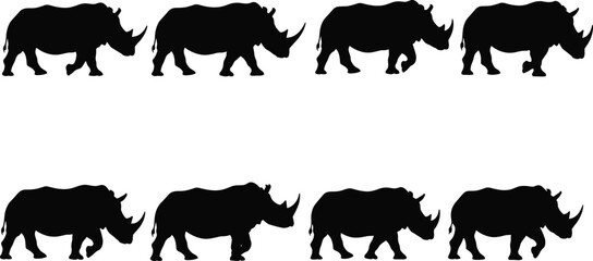 Rhinoceros silhouette set, walking rhino poses, African wildlife endangered animal vector illustration, isolated safari mammal clipart collection bundle © MdJakirIbne