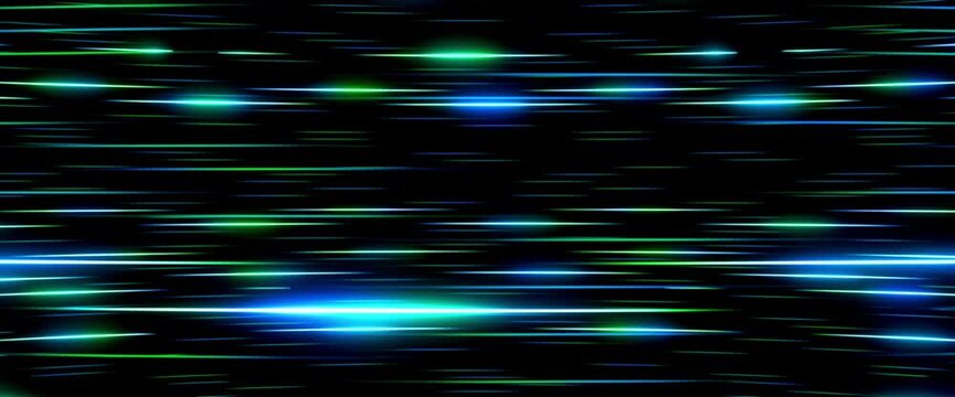 Futuristic horizontal glowing light trails and motion blur background loop
