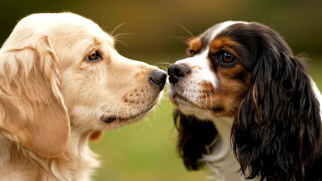 Golden retriever and cavalier king charles spaniel dogs sniffing noses in a close up outdoor sequence