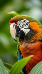 Fototapeta premium Colorful macaw parrot bird with green leaves in background
