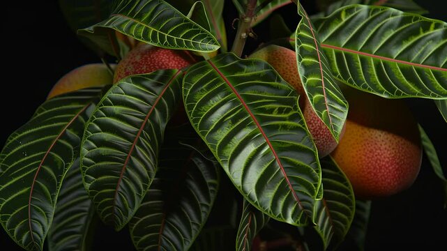 Three mangoes surrounded by lush green leaves, highlighting their bright colors and smooth textures in a close-up shot with a dark backdrop