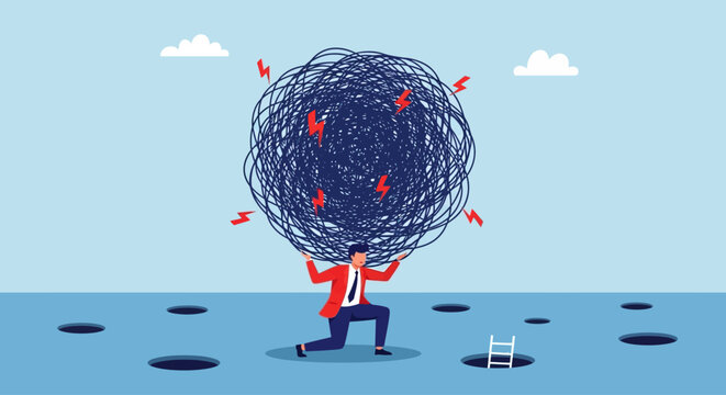 Man struggling to carry large tangled ball in red jacket and blue pants near holes and ladder on calm blue surface under light blue sky with clouds