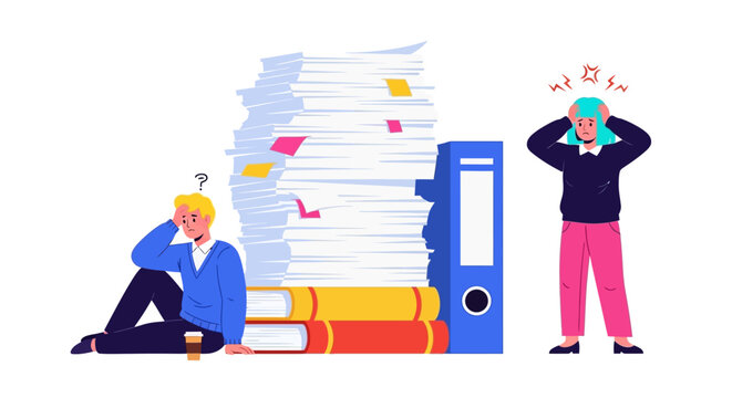 Two people overwhelmed by a massive stack of documents and office supplies in a cluttered workspace scene from a straightforward viewpoint