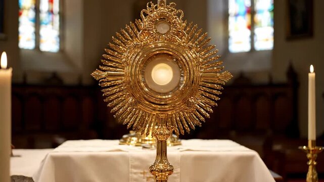 Golden monstrance with host on a white altar cloth with glowing candles and stained glass window in a church. Religious worship.