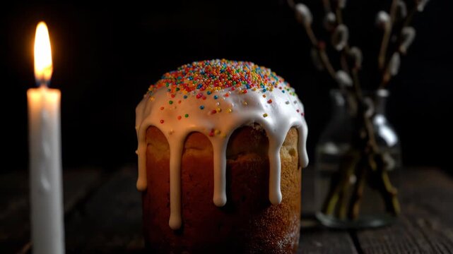 Lighted candle next to easter cake with icing and sprinkles and willow branches in a vase on a dark wooden table. Celebration food concept.