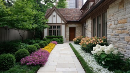 Beautifully Landscaped Pathway with Colorful Flowers and Lush Greenery in Front of a Modern Cottage-style Home