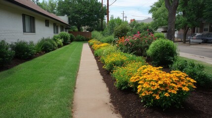 Obraz premium Lush Residential Landscape with Colorful Flower Beds and Neatly Trimmed Lawn Along a Clear Sidewalk in a Suburban Neighborhood