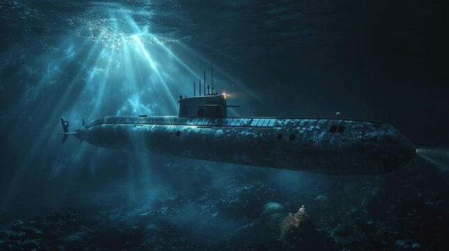 Exploring a submarine under water with light beams shining down from the surface at a deep ocean location