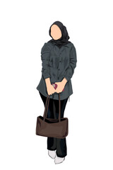 beautiful woman wearing hijab is posing holding a bag in her hand