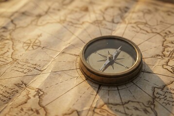 Vintage unbranded brass compass on weathered map travel concept