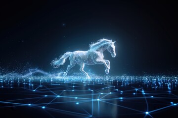 A stylized horse rendered as interconnected lines and dots moves across a network-like surface.