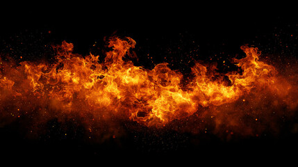 Burning flame isolated on a black background, vivid fire texture with glowing embers and dramatic contrast