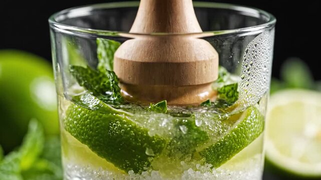 Wooden muddler crushing lime and mint for mojito cocktail 4K Video