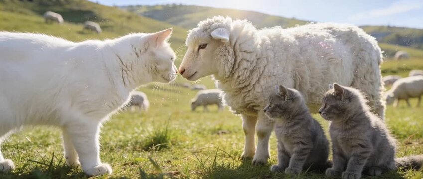Smooth Cinematic Tracking Shot In Ultra-Sharp 16K Of A White Cat Gently Touching Noses With A Fluffy Sheep In A Sunlit Green Pasture, While Two Gray Kittens Sit Nearby Watching, Shallow Depth Of Field