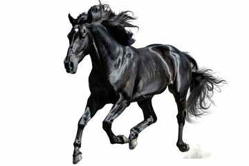Naklejka premium A black horse runs swiftly with its mane flowing in the wind on a white background.