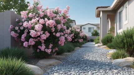 Fototapeta premium Serene Garden Pathway with Vibrant Pink Flowers and Smooth Pebbles Under Clear Blue Sky in a Modern Landscape Setting