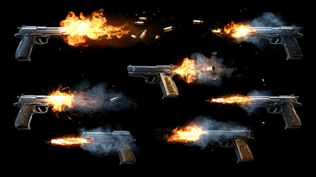 Gun muzzle flash with fire, sparks, smoke, and flying bullets isolated on transparent background