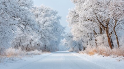 Obraz premium Serene Snowy Landscape with Frosted Trees and Peaceful Empty Road Through Winter Wonderland in Tranquil Natural Setting