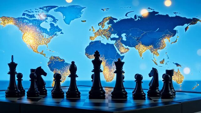 Chess pieces on board with world map