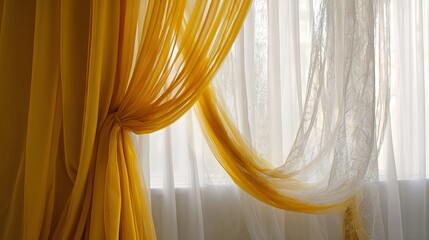 Stylish yellow curtains complemented by delicate white sheer tulle
