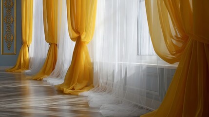 Stylish yellow curtains complemented by delicate white sheer tulle
