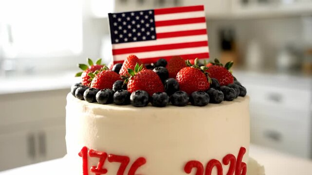 White two tier cake decorated with strawberries, blueberries, American flag, and dates 1776-2026 for Fourth of July celebration.