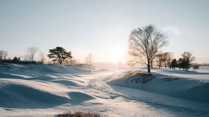 Obraz premium Serene Winter Landscape with Snow-Covered Ground, Trees, and Sunlight in the Distance at Dawn or Dusk in a Peaceful Natural Setting