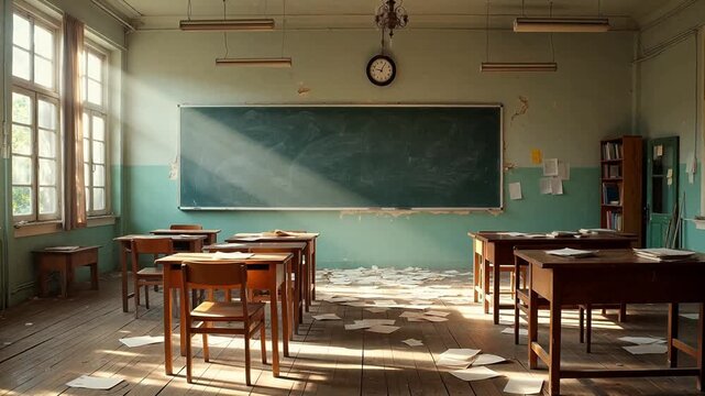Empty classroom with scattered papers