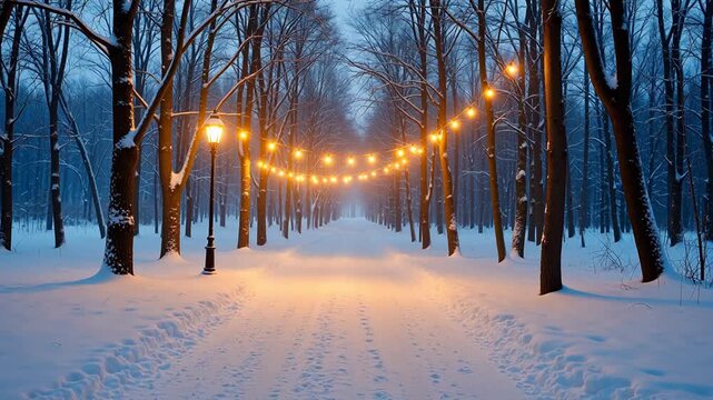Snowy path with lights in forest