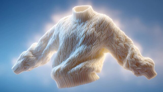 floating wool sweater glowing against blue backdrop, levitating in warm rim light, high-detail knit texture, soft fluffy yarn, cinematic depth and subtle