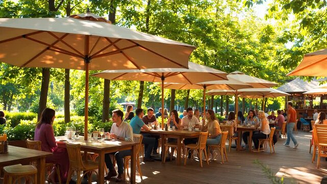 People dining outdoors under umbrellas