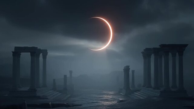Solar eclipse above ancient ruins with columns, dramatic night scene symbolizing mystery, history and rare celestial phenomenon