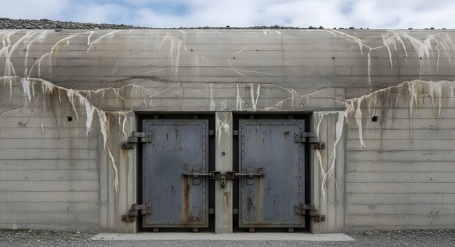 Image of a sturdy industrial building entrance, with a closed steel double door in front of a concrete building against a clouded sky.